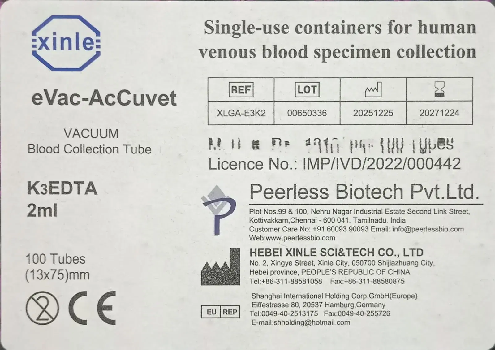 Xinle Vacuum Blood Collection Tube K3 EDTA 2ml ( Pack Of 100 )